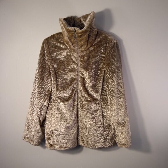 Vintage Glam Golden Champagne Faux Fur Persian Lamb Reversible Rain Jacket SzPS - Picture 3 of 13